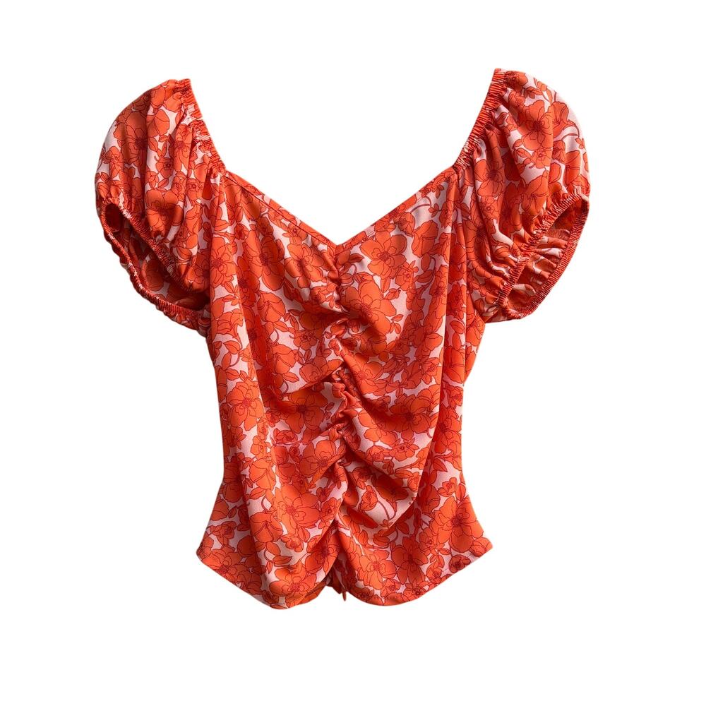 Sienna Sky Orange Floral Ruched Front Puff Sleeve Cottagecore Top Small